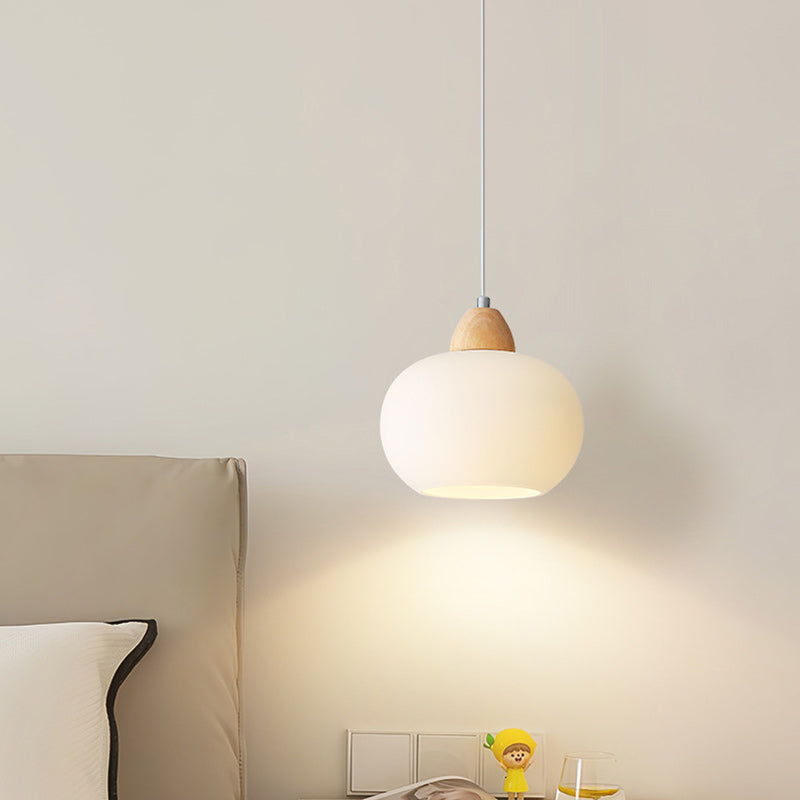 Contemporary Scandinavian Glass Solid Wood Persimmon Round 1-Light Pendant Light For Living Room