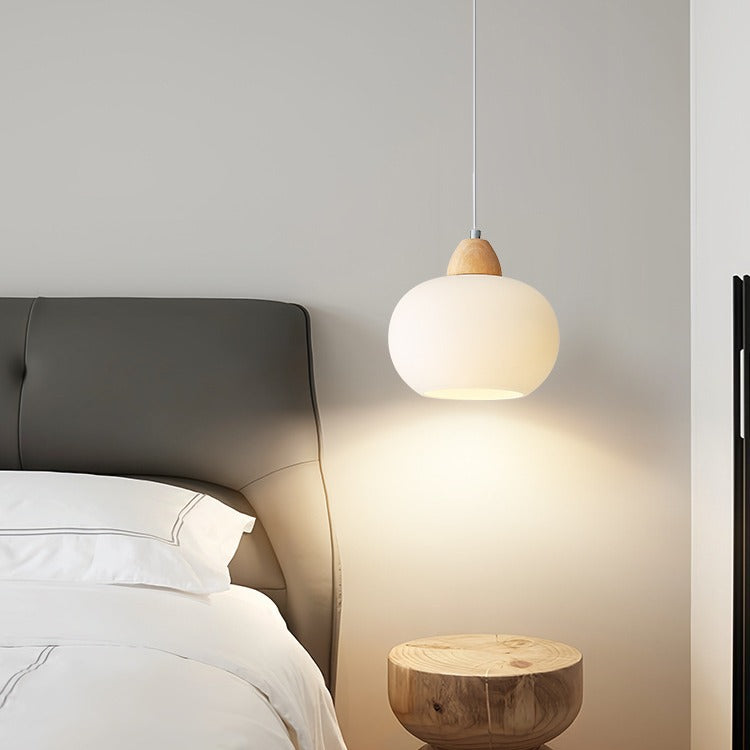 Contemporary Scandinavian Glass Solid Wood Persimmon Round 1-Light Pendant Light For Living Room