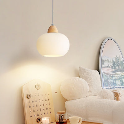 Contemporary Scandinavian Glass Solid Wood Persimmon Round 1-Light Pendant Light For Living Room