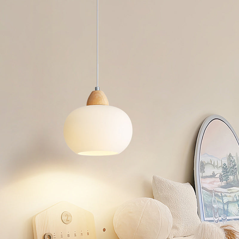 Contemporary Scandinavian Glass Solid Wood Persimmon Round 1-Light Pendant Light For Living Room