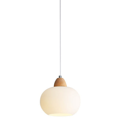 Contemporary Scandinavian Glass Solid Wood Persimmon Round 1-Light Pendant Light For Living Room