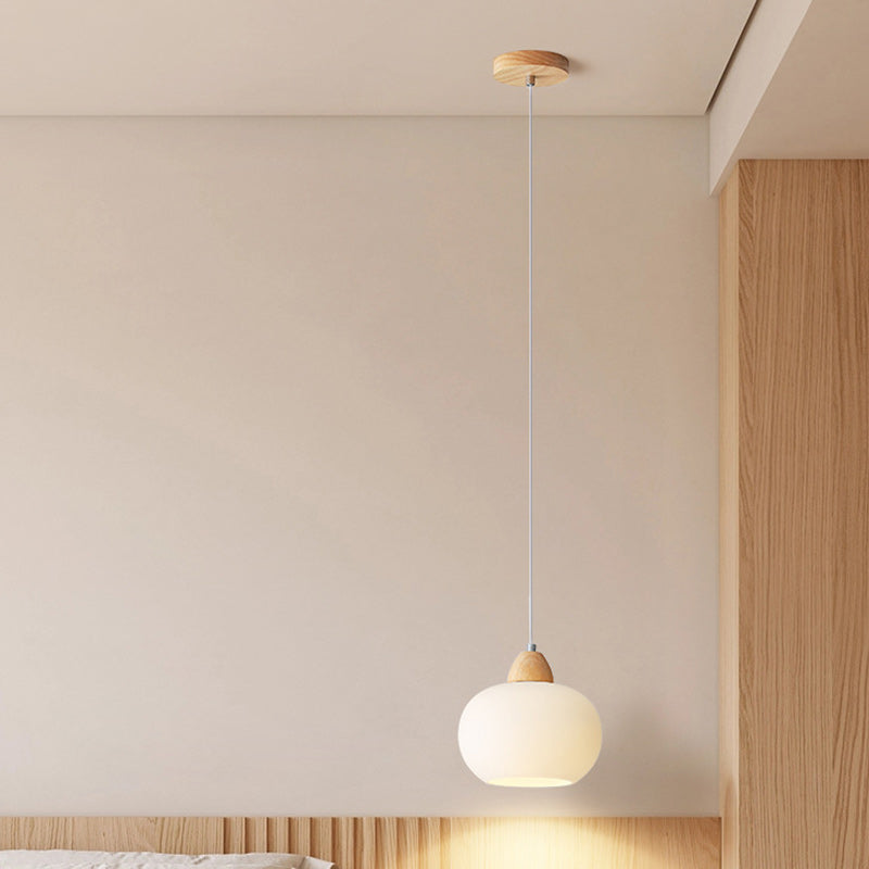 Contemporary Scandinavian Glass Solid Wood Persimmon Round 1-Light Pendant Light For Living Room