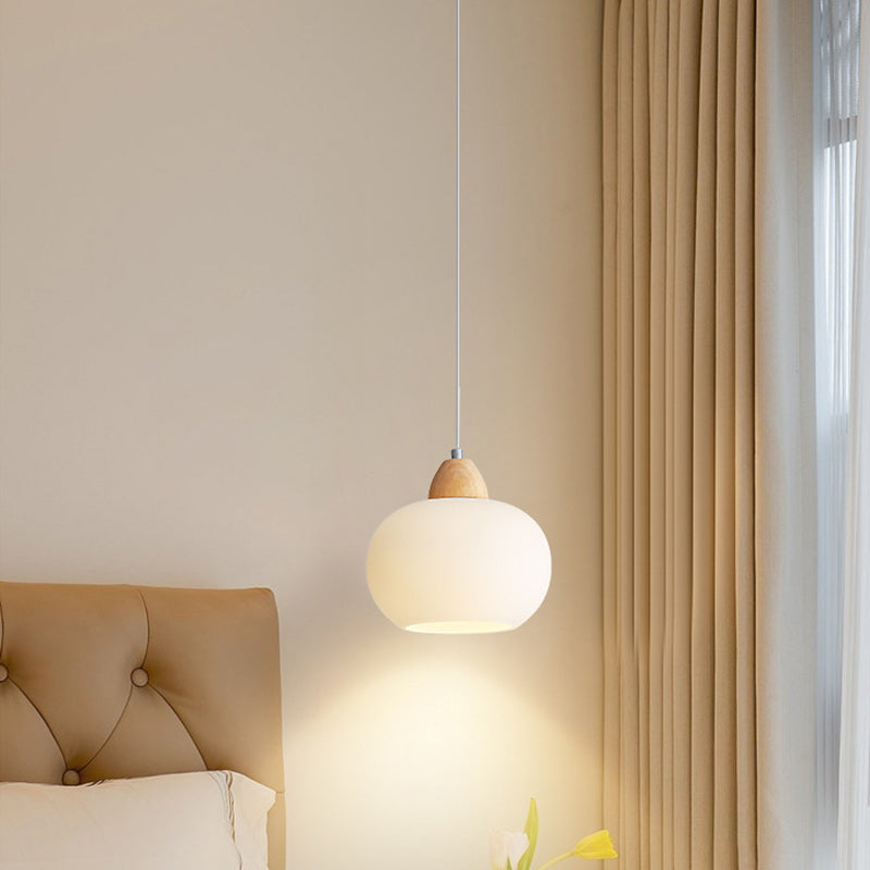Contemporary Scandinavian Glass Solid Wood Persimmon Round 1-Light Pendant Light For Living Room