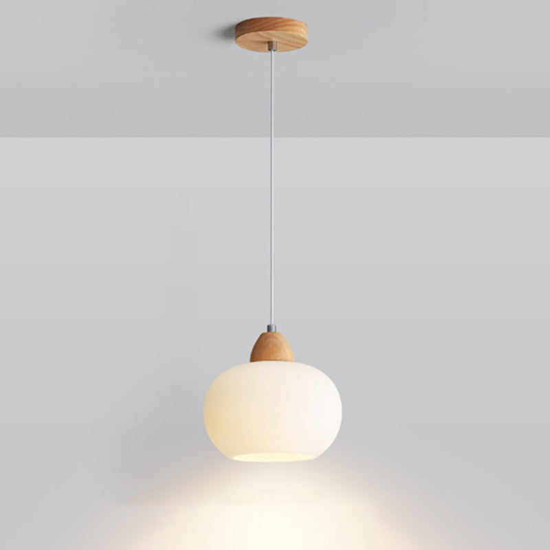 Contemporary Scandinavian Glass Solid Wood Persimmon Round 1-Light Pendant Light For Living Room
