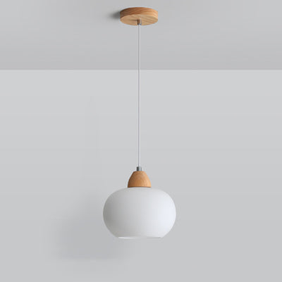Contemporary Scandinavian Glass Solid Wood Persimmon Round 1-Light Pendant Light For Living Room