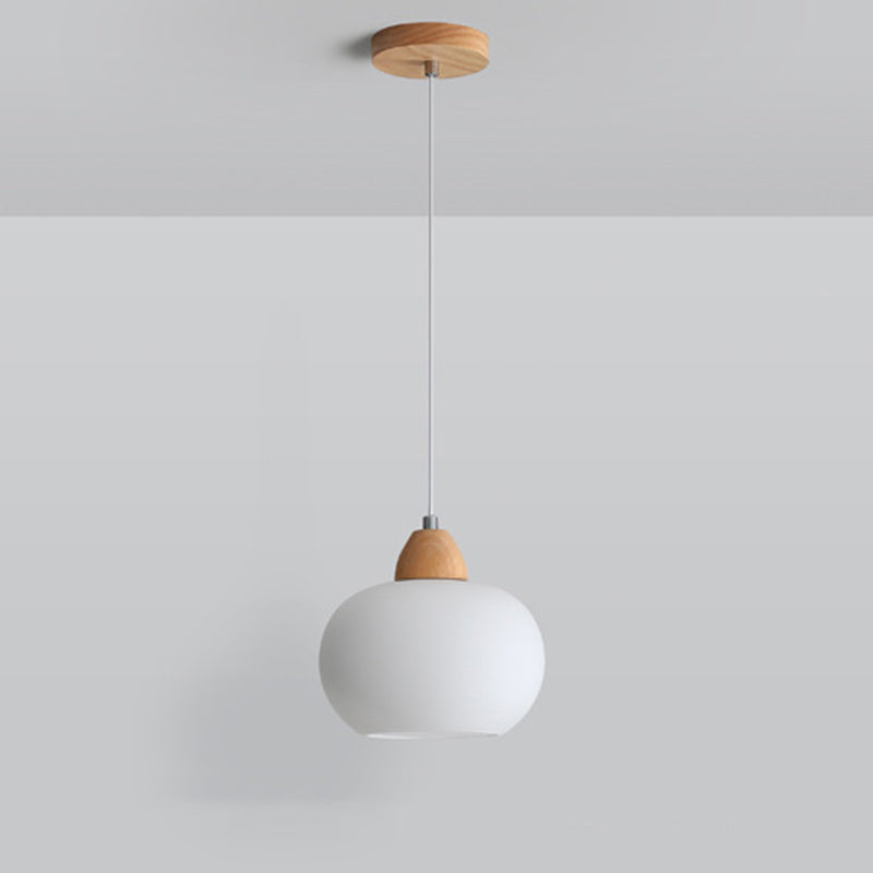 Contemporary Scandinavian Glass Solid Wood Persimmon Round 1-Light Pendant Light For Living Room