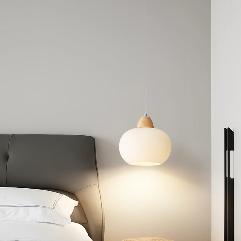 Contemporary Scandinavian Glass Solid Wood Persimmon Round 1-Light Pendant Light For Living Room