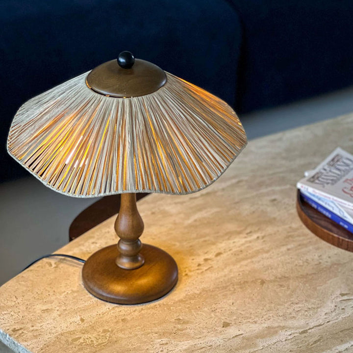 Lampe de table ronde à 1 lumière en bois massif et fer avec abat-jour tissé en herbe chinoise traditionnelle pour chambre à coucher 