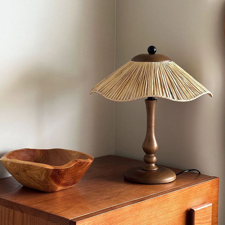 Lampe de table ronde à 1 lumière en bois massif et fer avec abat-jour tissé en herbe chinoise traditionnelle pour chambre à coucher 