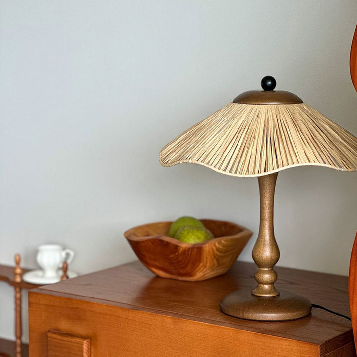 Lampe de table ronde à 1 lumière en bois massif et fer avec abat-jour tissé en herbe chinoise traditionnelle pour chambre à coucher 