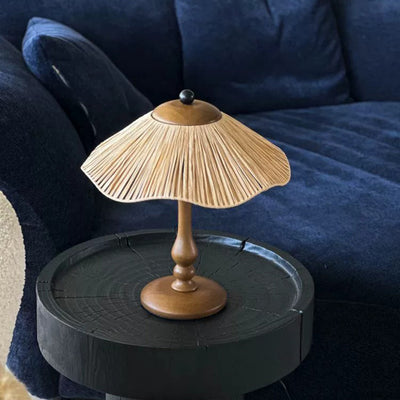 Traditional Chinese Woven Grass Solid Wood Iron Umbrella Round 1-Light Table Lamp For Bedroom