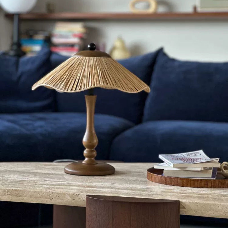 Lampe de table ronde à 1 lumière en bois massif et fer avec abat-jour tissé en herbe chinoise traditionnelle pour chambre à coucher 