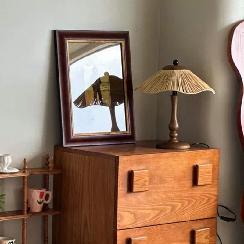 Lampe de table ronde à 1 lumière en bois massif et fer avec abat-jour tissé en herbe chinoise traditionnelle pour chambre à coucher 