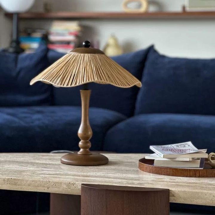 Lampe de table ronde à 1 lumière en bois massif et fer avec abat-jour tissé en herbe chinoise traditionnelle pour chambre à coucher 