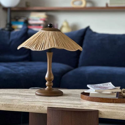 Traditional Chinese Woven Grass Solid Wood Iron Umbrella Round 1-Light Table Lamp For Bedroom