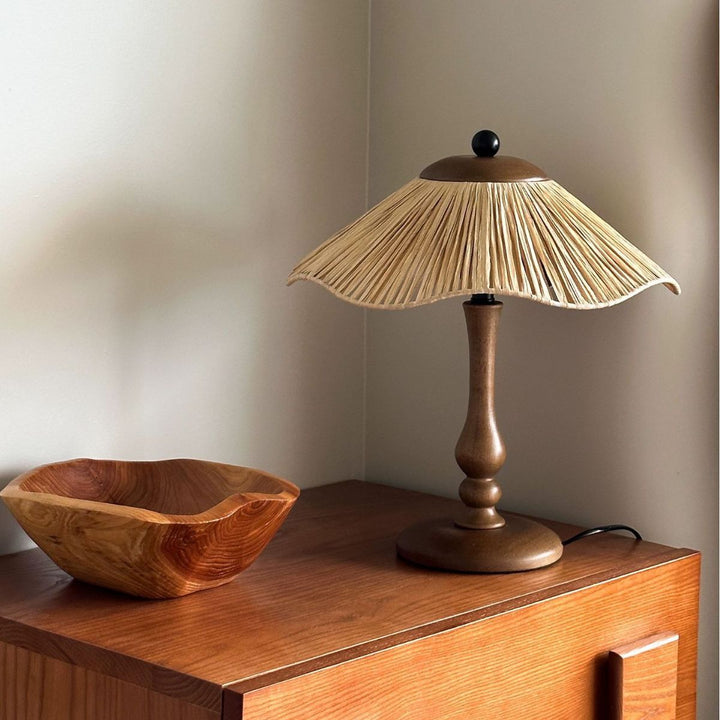 Lampe de table ronde à 1 lumière en bois massif et fer avec abat-jour tissé en herbe chinoise traditionnelle pour chambre à coucher 