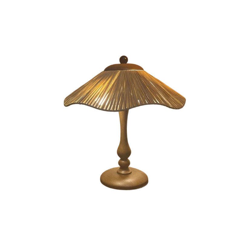Traditional Chinese Woven Grass Solid Wood Iron Umbrella Round 1-Light Table Lamp For Bedroom