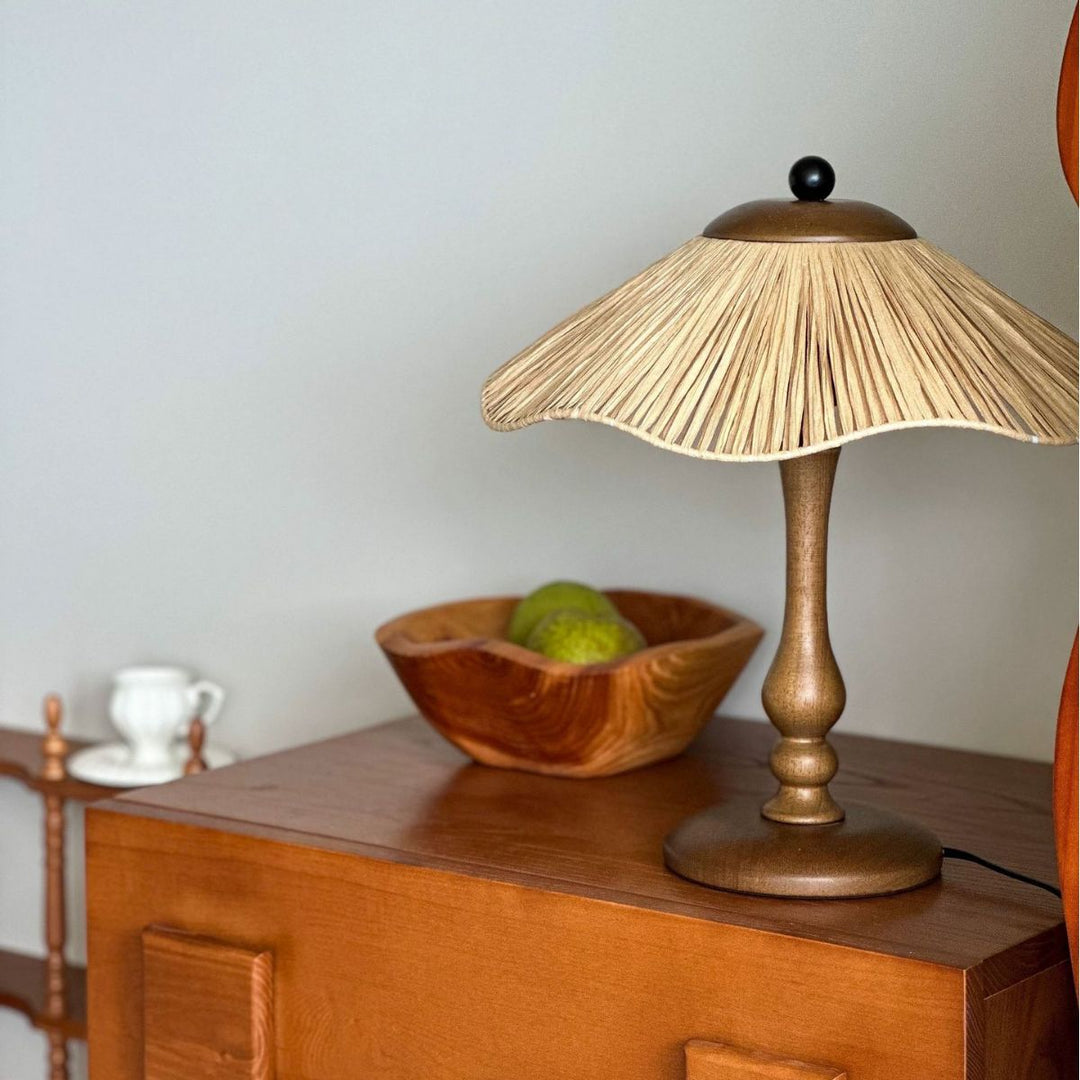Lampe de table ronde à 1 lumière en bois massif et fer avec abat-jour tissé en herbe chinoise traditionnelle pour chambre à coucher 