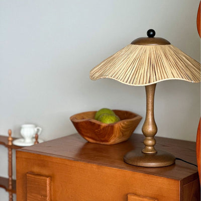 Traditional Chinese Woven Grass Solid Wood Iron Umbrella Round 1-Light Table Lamp For Bedroom