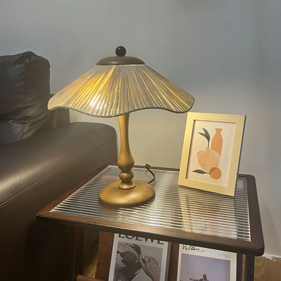 Traditional Chinese Woven Grass Solid Wood Iron Umbrella Round 1-Light Table Lamp For Bedroom