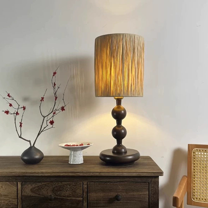 Lampe de table ronde à 1 lumière en bois massif et fer avec abat-jour tissé en herbe chinoise traditionnelle pour chambre à coucher 