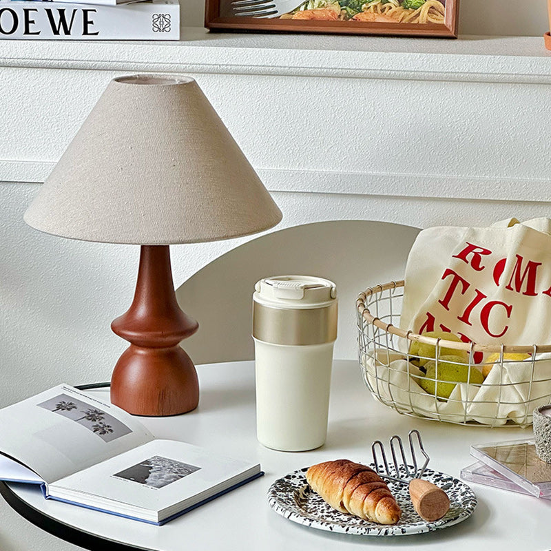 Traditional Vintage Linen Solid Wood Cone Umbrella 1-Light Table Lamp For Bedroom