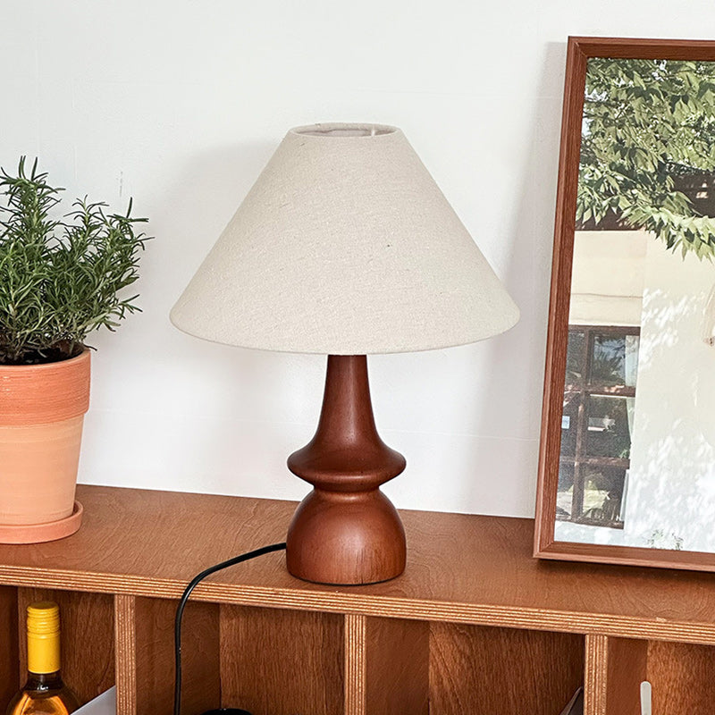 Traditional Vintage Linen Solid Wood Cone Umbrella 1-Light Table Lamp For Bedroom