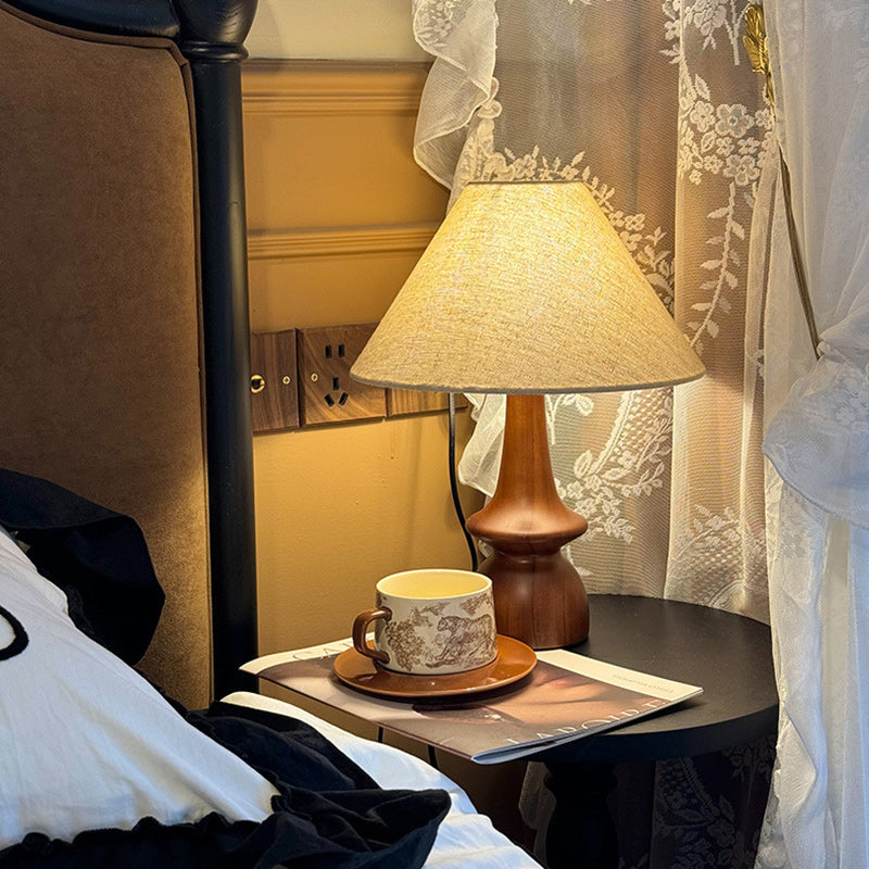 Traditional Vintage Linen Solid Wood Cone Umbrella 1-Light Table Lamp For Bedroom