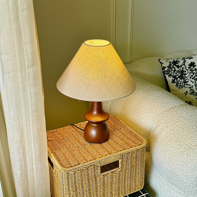 Traditional Vintage Linen Solid Wood Cone Umbrella 1-Light Table Lamp For Bedroom