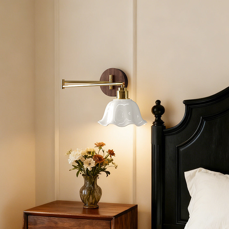 Traditional Vintage Ceramic Iron Flower Bud Wave Round 1 Light Wall Sconce Lamp For Living Room