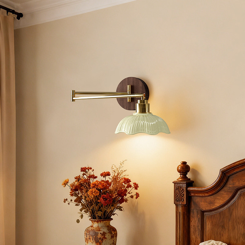 Traditional Vintage Ceramic Iron Flower Bud Wave Round 1 Light Wall Sconce Lamp For Living Room