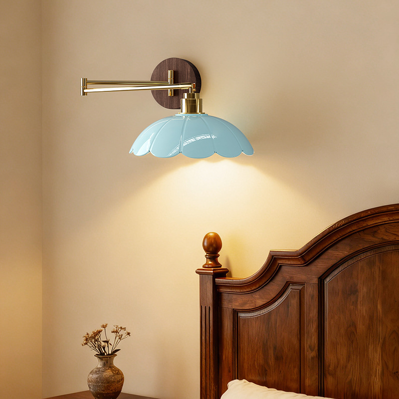Traditional Vintage Ceramic Iron Flower Bud Wave Round 1 Light Wall Sconce Lamp For Living Room