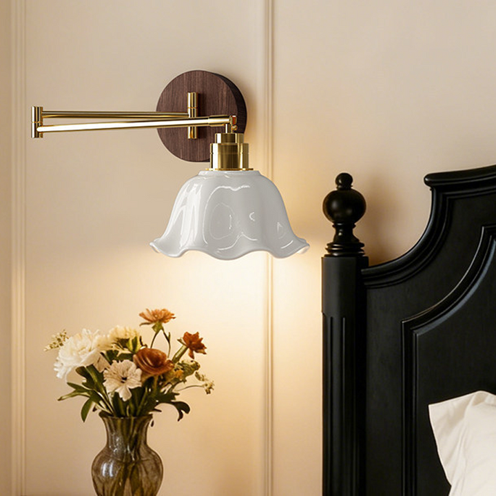 Traditional Vintage Ceramic Iron Flower Bud Wave Round 1 Light Wall Sconce Lamp For Living Room