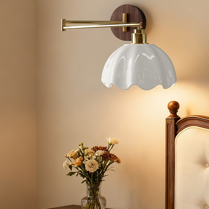 Traditional Vintage Ceramic Iron Flower Bud Wave Round 1 Light Wall Sconce Lamp For Living Room