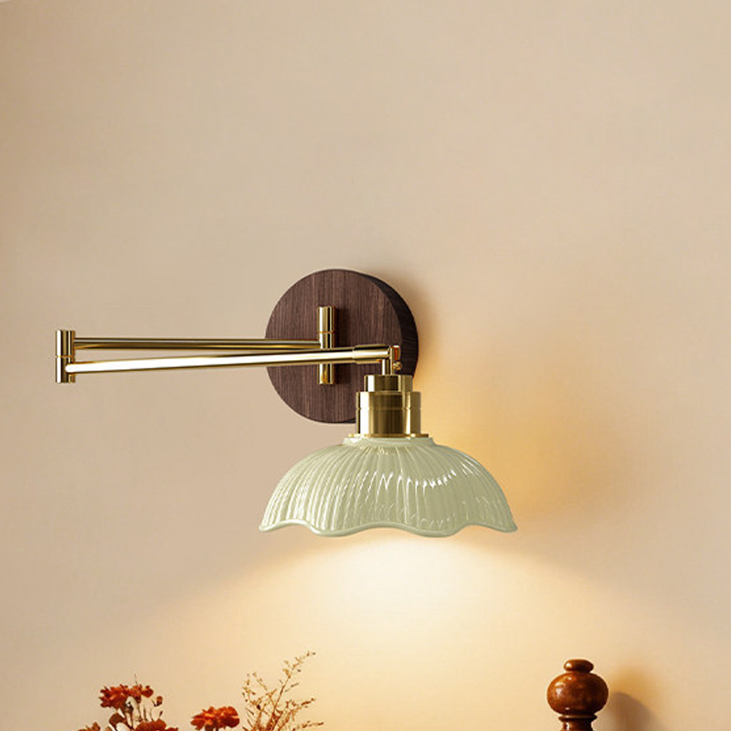 Traditional Vintage Ceramic Iron Flower Bud Wave Round 1 Light Wall Sconce Lamp For Living Room