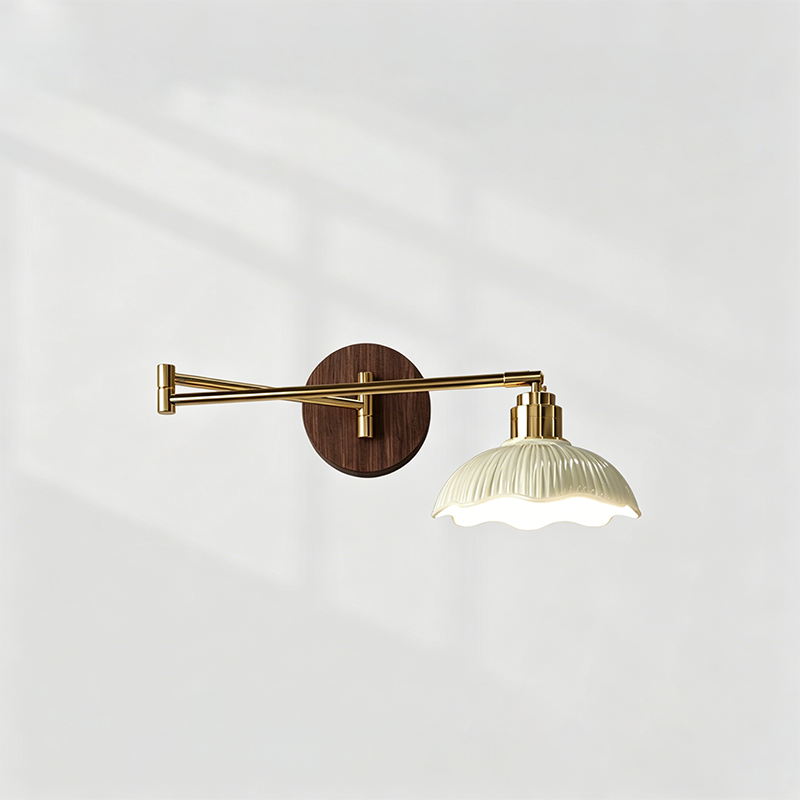 Traditional Vintage Ceramic Iron Flower Bud Wave Round 1 Light Wall Sconce Lamp For Living Room
