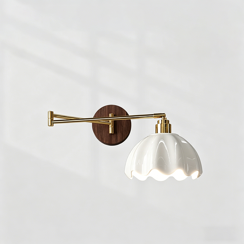 Traditional Vintage Ceramic Iron Flower Bud Wave Round 1 Light Wall Sconce Lamp For Living Room