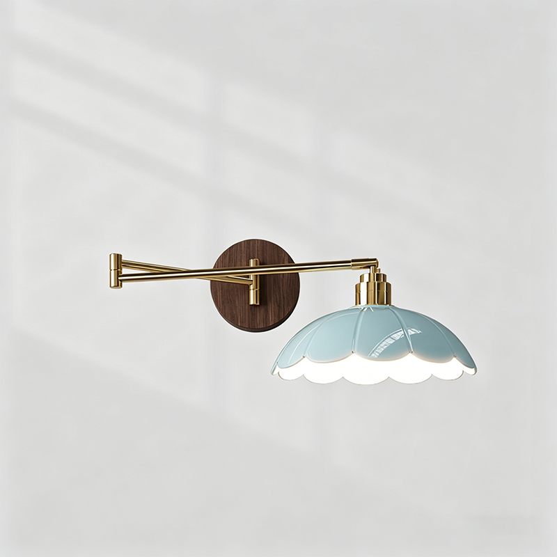 Traditional Vintage Ceramic Iron Flower Bud Wave Round 1 Light Wall Sconce Lamp For Living Room