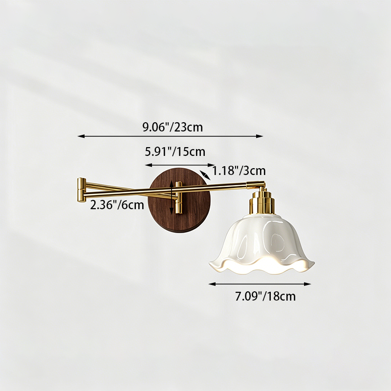 Traditional Vintage Ceramic Iron Flower Bud Wave Round 1 Light Wall Sconce Lamp For Living Room