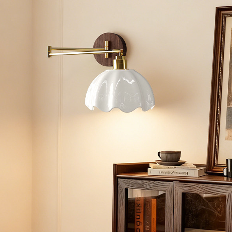 Traditional Vintage Ceramic Iron Flower Bud Wave Round 1 Light Wall Sconce Lamp For Living Room
