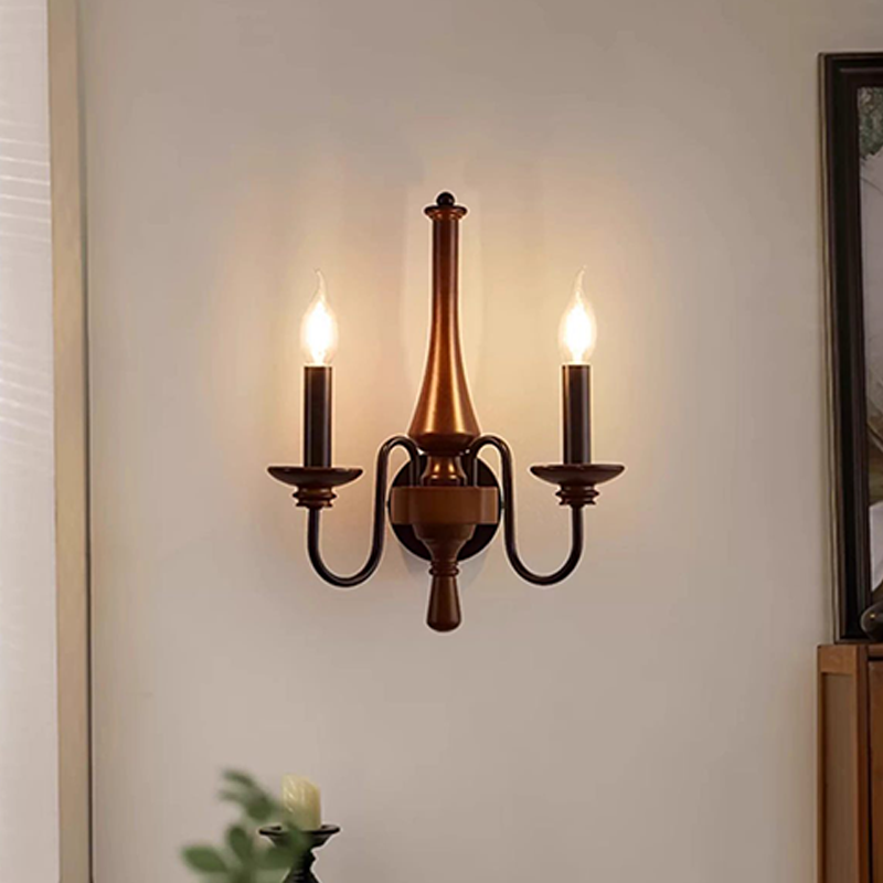 Traditional French Iron Solid Wood Curved Round Candle 1/2 Light Wall Sconce Lamp For Living Room