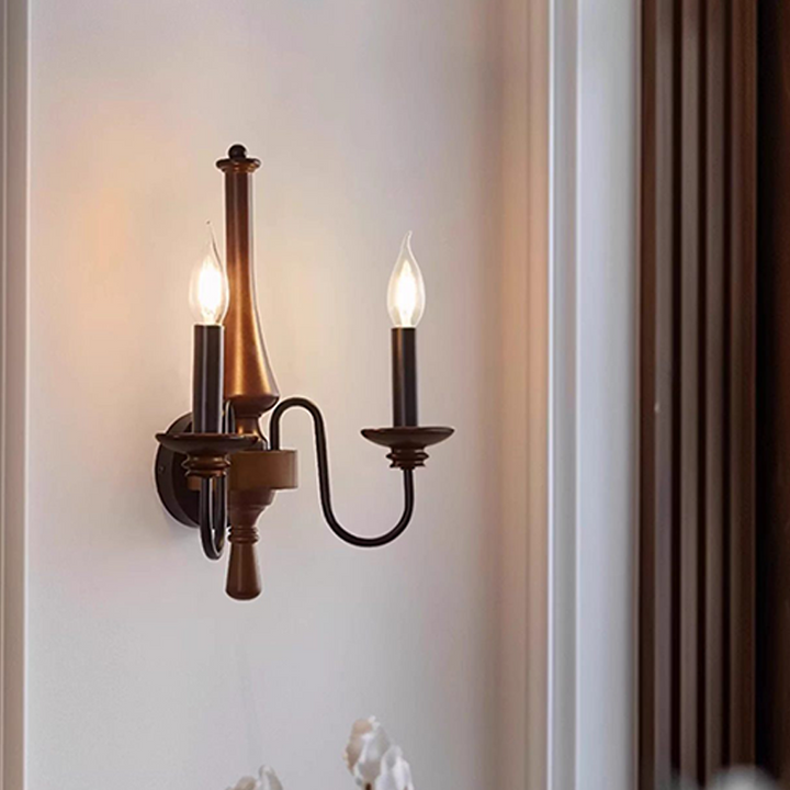 Traditional French Iron Solid Wood Curved Round Candle 1/2 Light Wall Sconce Lamp For Living Room