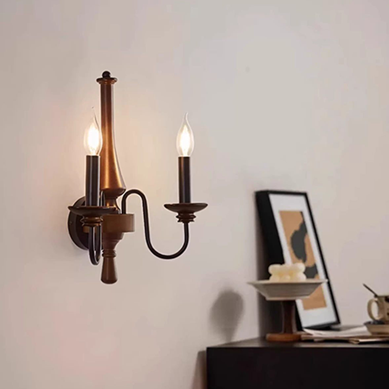Traditional French Iron Solid Wood Curved Round Candle 1/2 Light Wall Sconce Lamp For Living Room