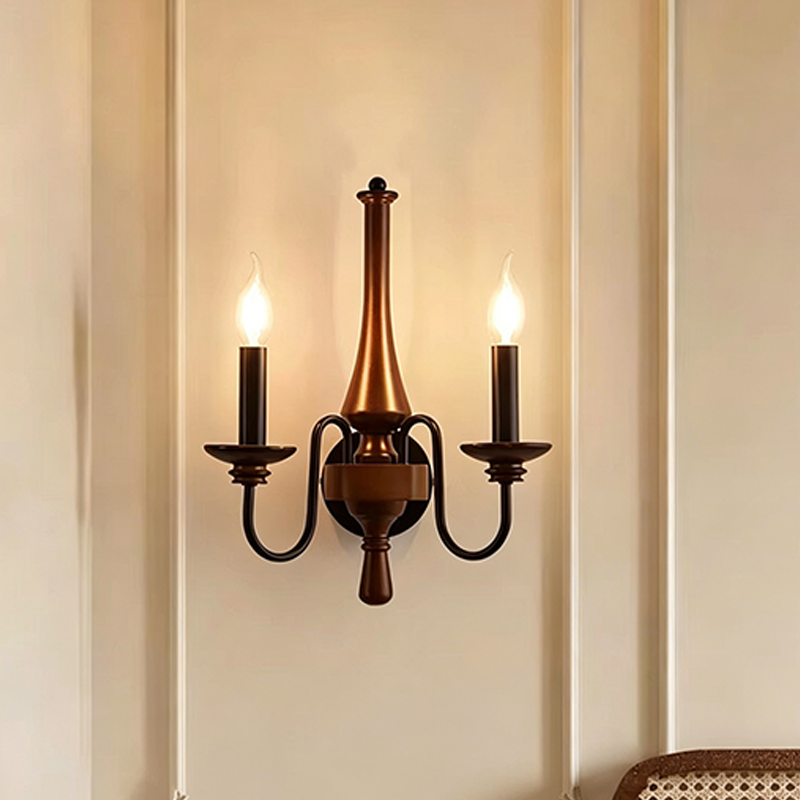 Traditional French Iron Solid Wood Curved Round Candle 1/2 Light Wall Sconce Lamp For Living Room