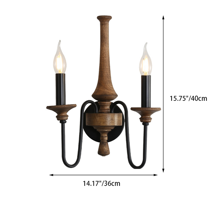 Traditional French Iron Solid Wood Curved Round Candle 1/2 Light Wall Sconce Lamp For Living Room