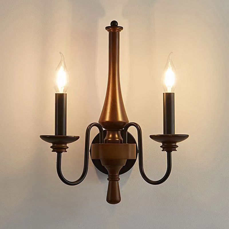 Traditional French Iron Solid Wood Curved Round Candle 1/2 Light Wall Sconce Lamp For Living Room