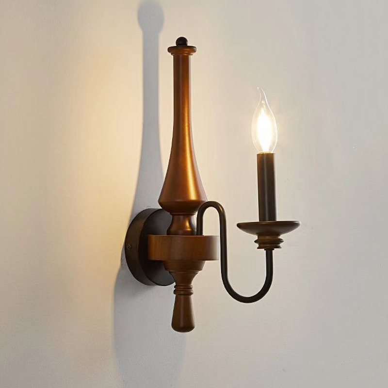 Traditional French Iron Solid Wood Curved Round Candle 1/2 Light Wall Sconce Lamp For Living Room