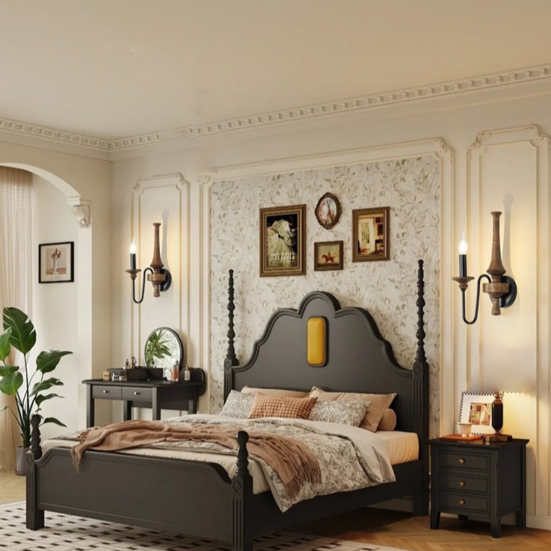 Traditional French Iron Solid Wood Curved Round Candle 1/2 Light Wall Sconce Lamp For Living Room