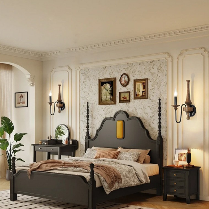 Traditional French Iron Solid Wood Curved Round Candle 1/2 Light Wall Sconce Lamp For Living Room