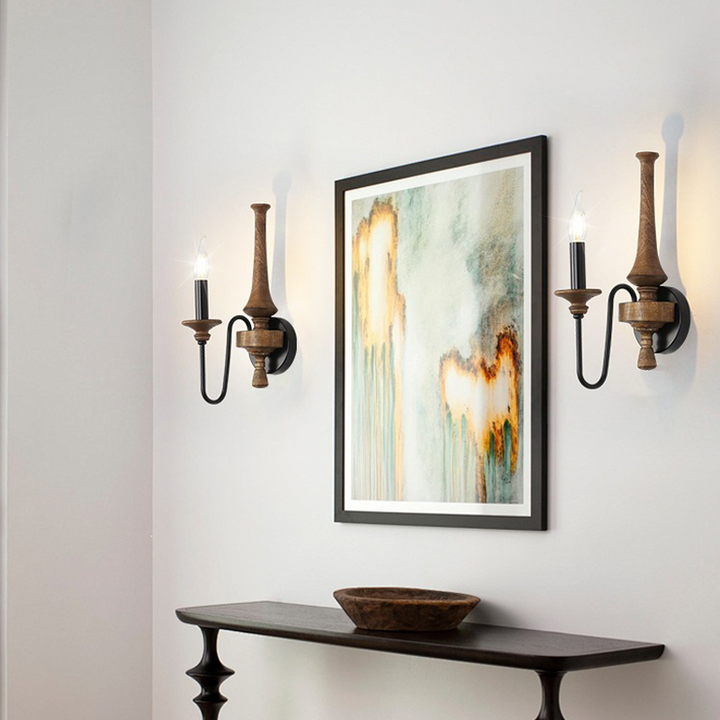 Traditional French Iron Solid Wood Curved Round Candle 1/2 Light Wall Sconce Lamp For Living Room
